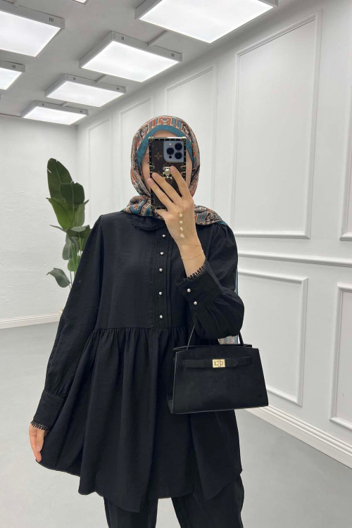 Sare Fashion Lace Detailed Baby Collar Trouser Suit Black