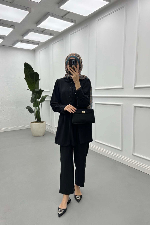 Sare Fashion Lace Detailed Baby Collar Trouser Suit Black