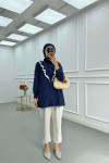 Sare Fashion Lace Detailed Striped Shirt Navy Blue
