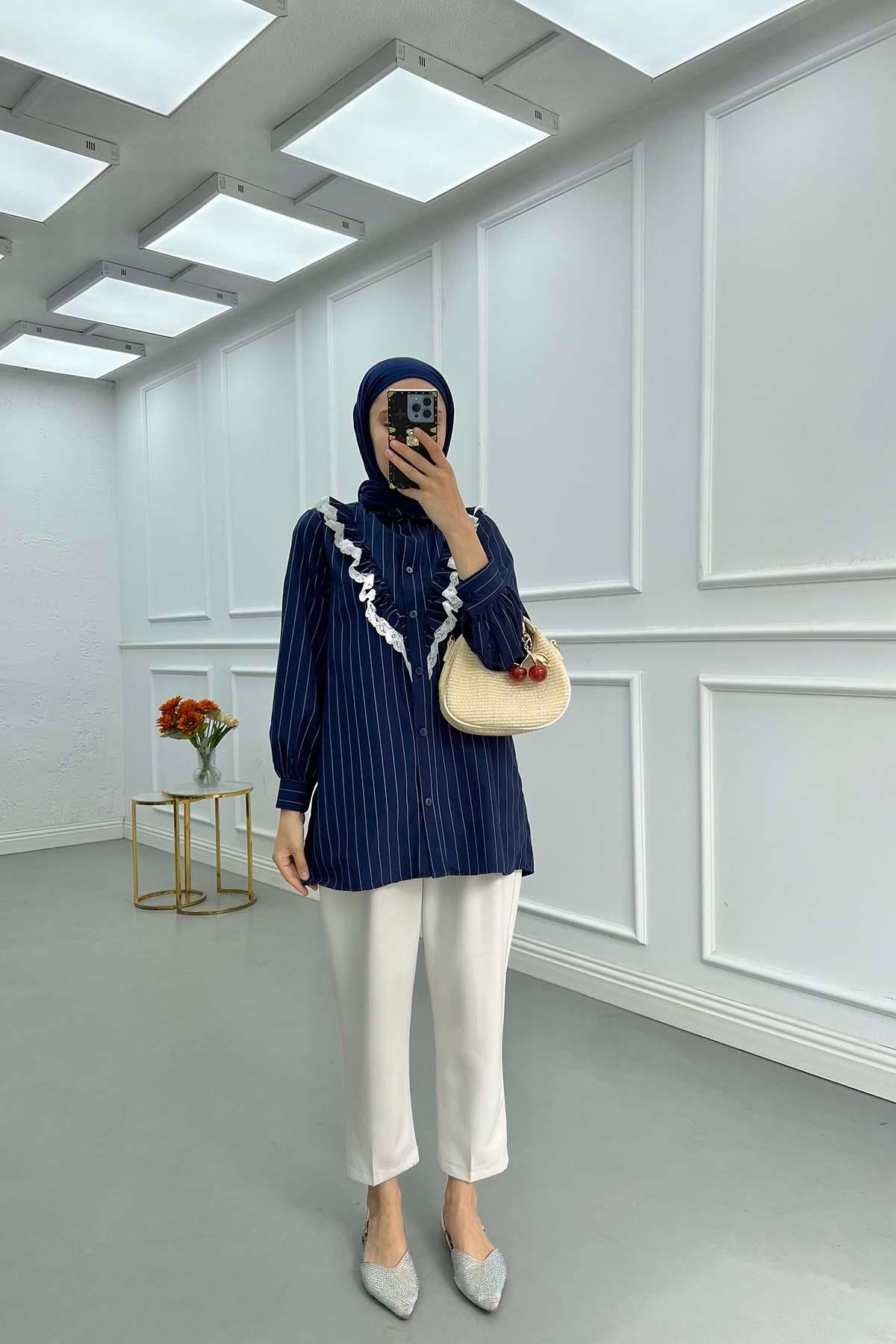 Sare Fashion Lace Detailed Striped Shirt Navy Blue