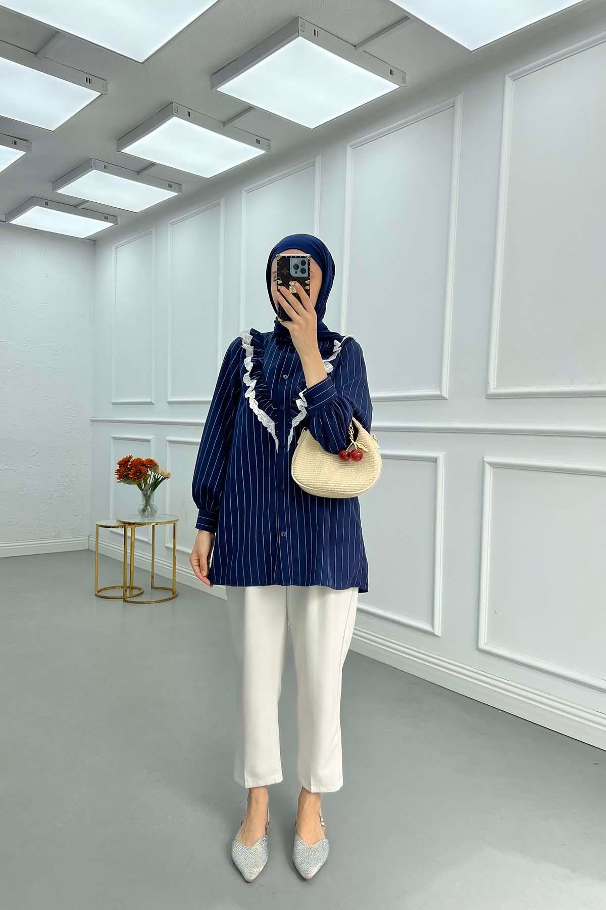 Sare Fashion Lace Detailed Striped Shirt Navy Blue