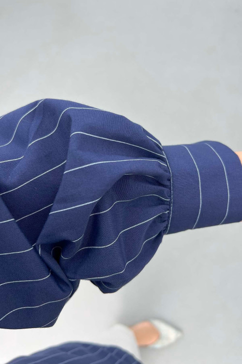 Sare Fashion Lace Detailed Striped Shirt Navy Blue