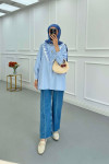 Sare Fashion Lace Detailed Striped Shirt Blue