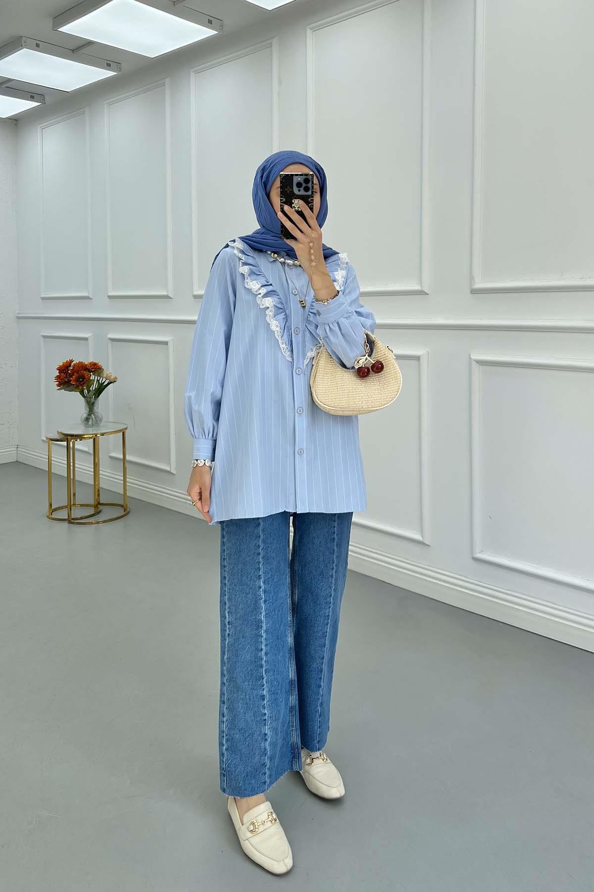 Sare Fashion Lace Detailed Striped Shirt Blue