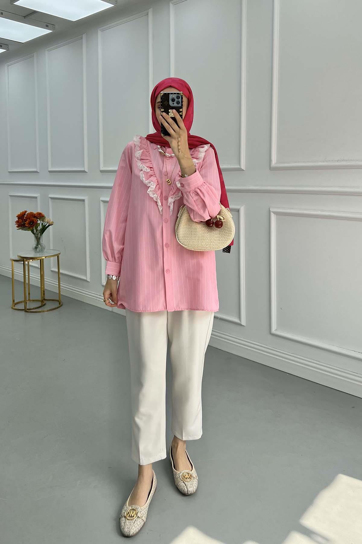 Sare Fashion Lace Detailed Striped Shirt Pink