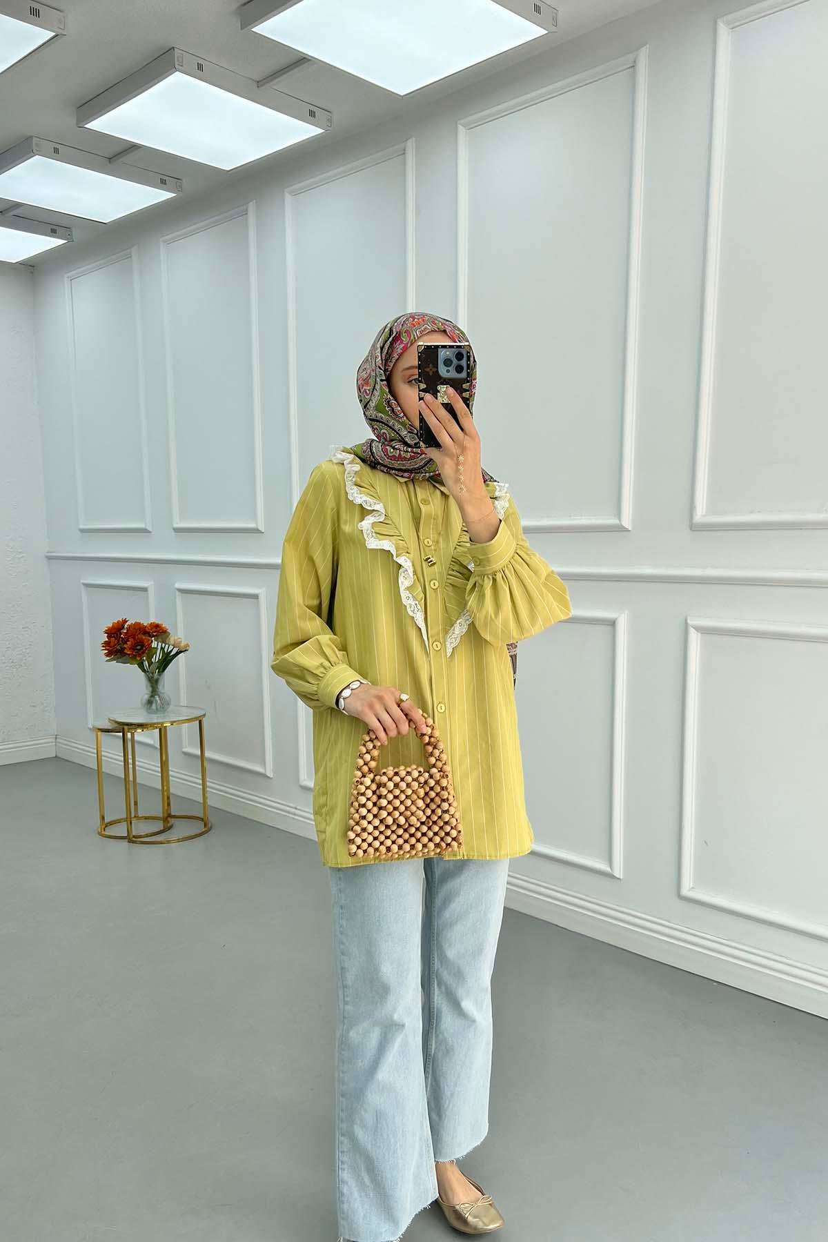 Sare Fashion Lace Detailed Striped Shirt Green