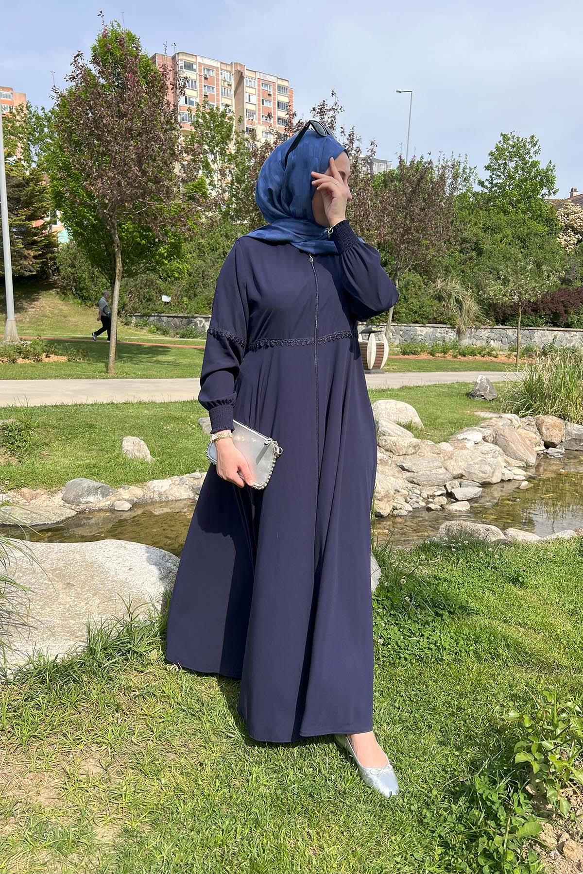 Sare Fashion Lace Detailed Zippered Abaya Navy Blue