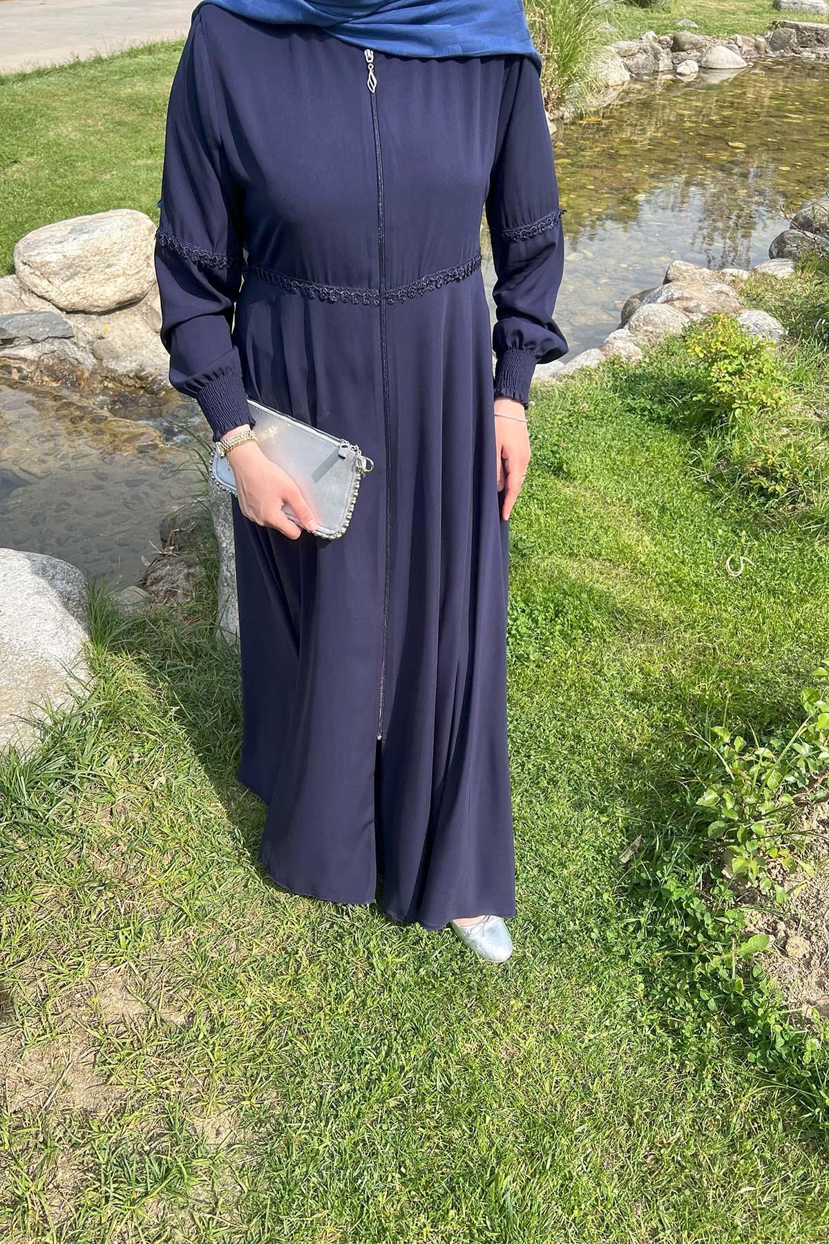 Sare Fashion Lace Detailed Zippered Abaya Navy Blue