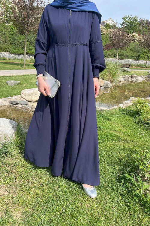 Sare Fashion Lace Detailed Zippered Abaya Navy Blue