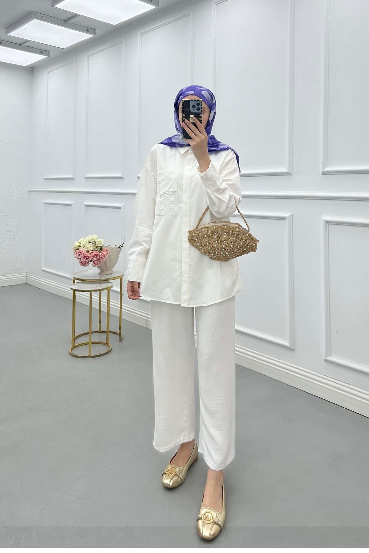 Sare Fashion Lace Detailed Shirt White