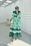 Sare Fashion Pleated Tulle Lined Dress with Lace Detail Green