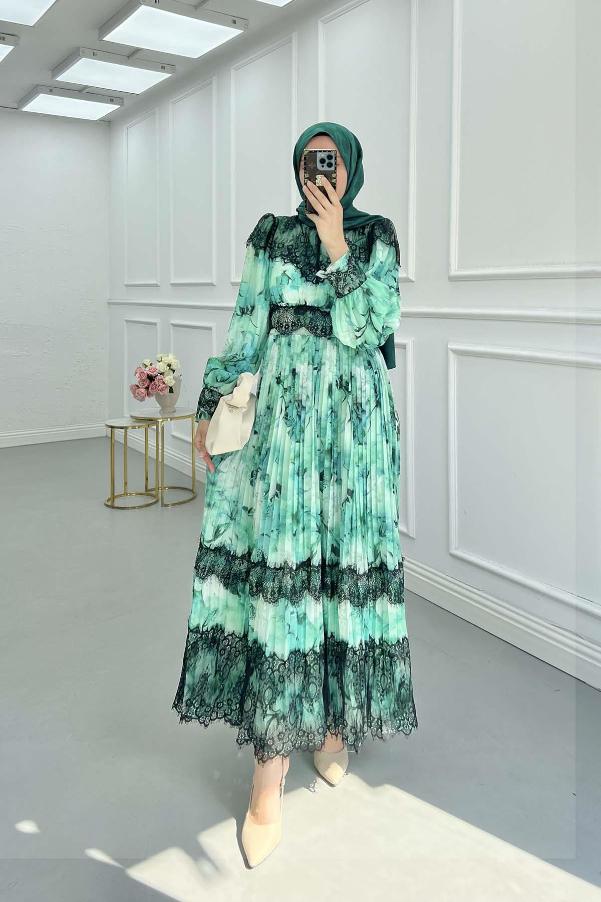 Sare Fashion Pleated Tulle Lined Dress with Lace Detail Green