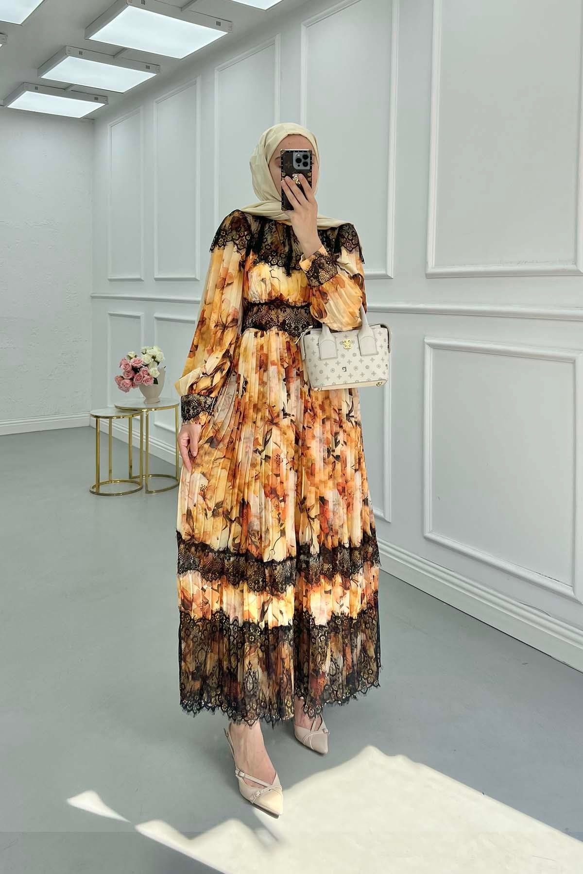 Sare Fashion Pleated Tulle Lined Dress with Lace Detail Orange