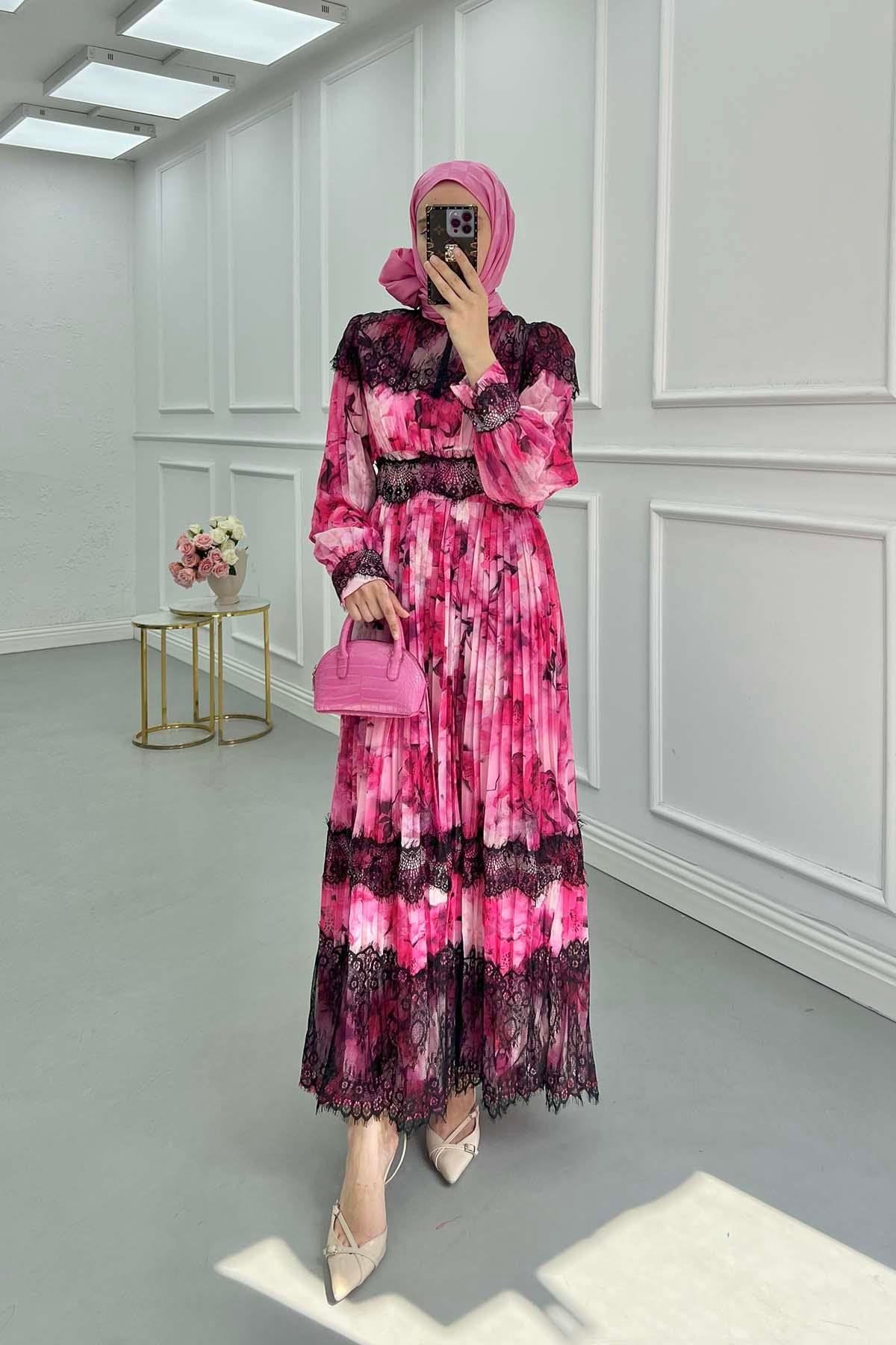 Sare Fashion Pleated Tulle Lined Dress with Lace Detail Pink
