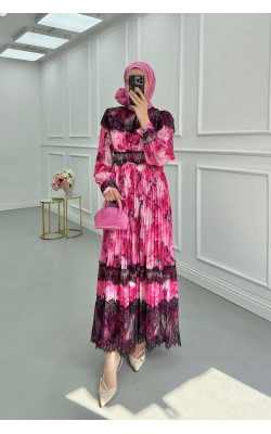 Sare Fashion Pleated Tulle Lined Dress with Lace Detail Pink