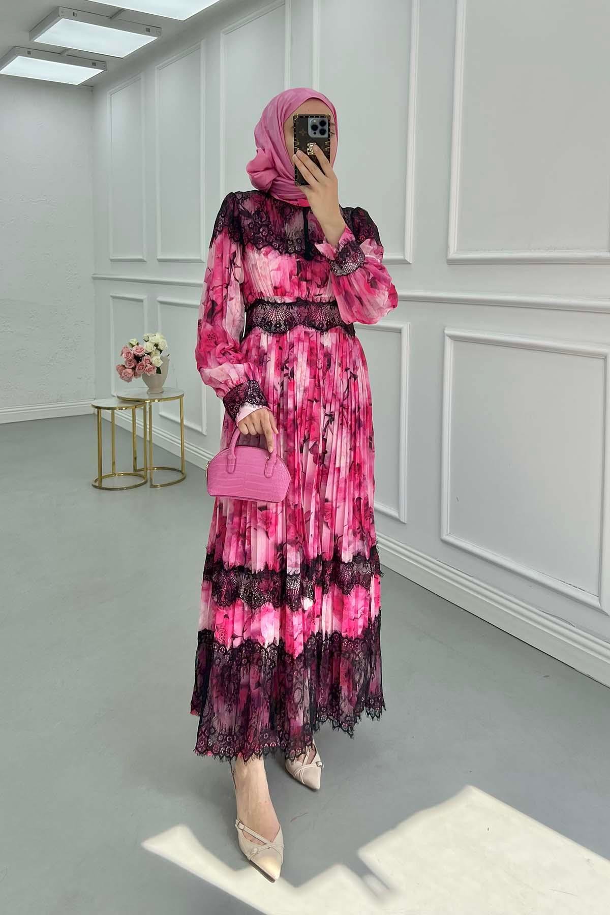 Sare Fashion Pleated Tulle Lined Dress with Lace Detail Pink