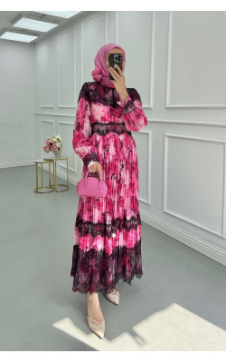 Sare Fashion Pleated Tulle Lined Dress with Lace Detail Pink