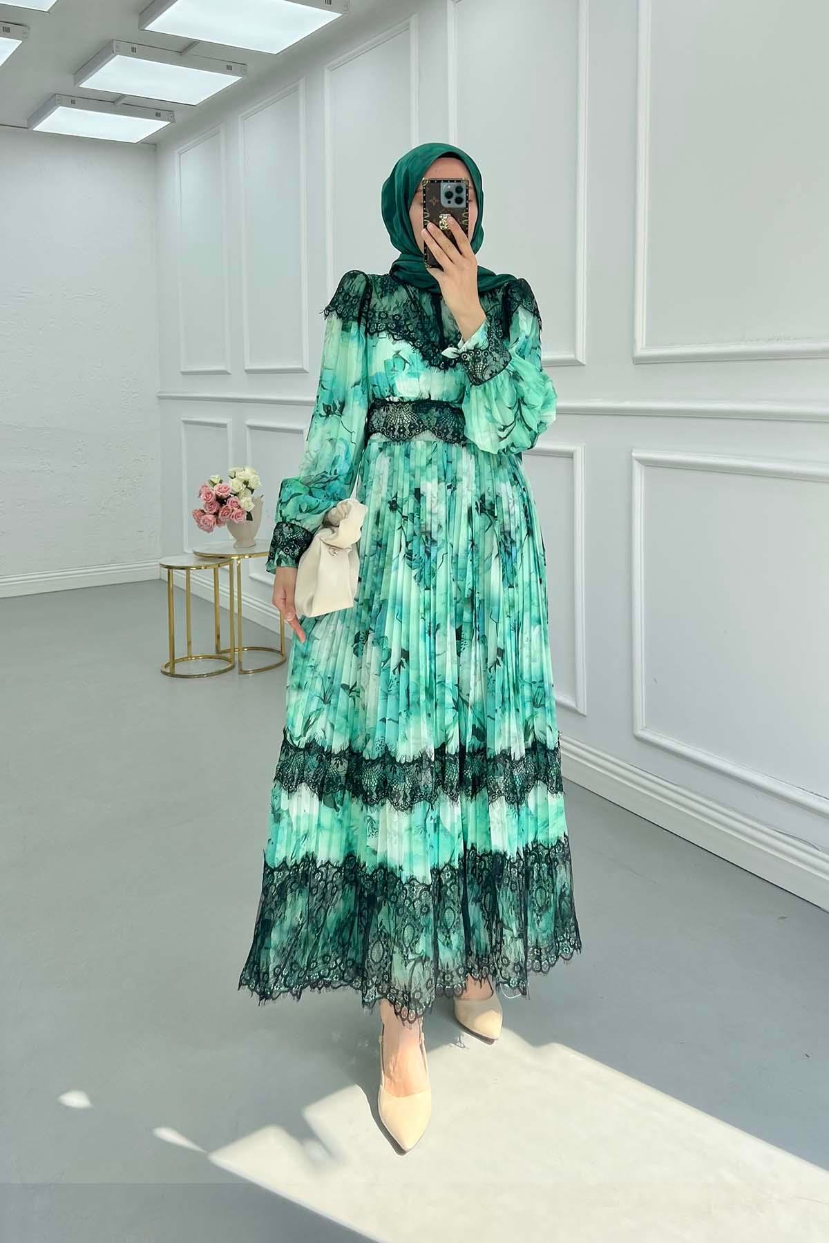 Sare Fashion Pleated Tulle Lined Dress with Lace Detail Green