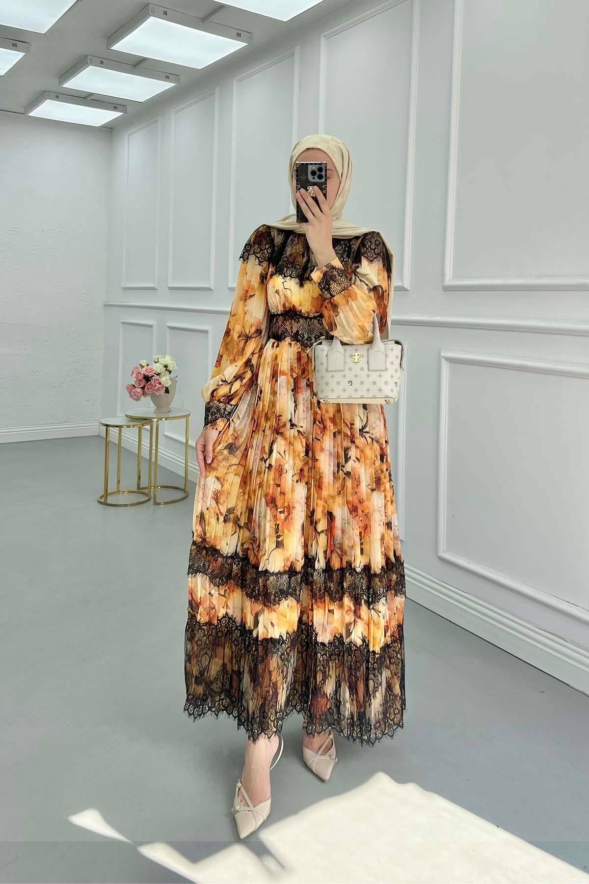 Sare Fashion Pleated Tulle Lined Dress with Lace Detail Orange