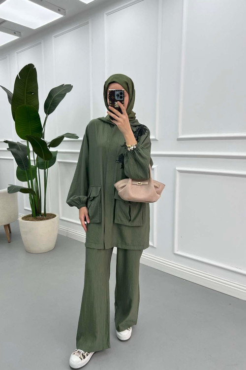 Sare Fashion Lace Detailed Suit Khaki