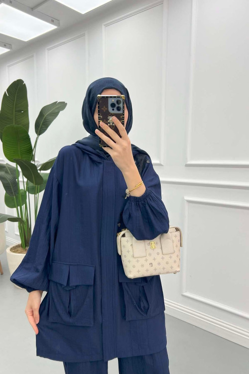 Sare Fashion Lace Detailed Suit Navy Blue