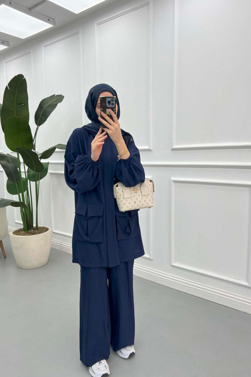 Sare Fashion Lace Detailed Suit Navy Blue