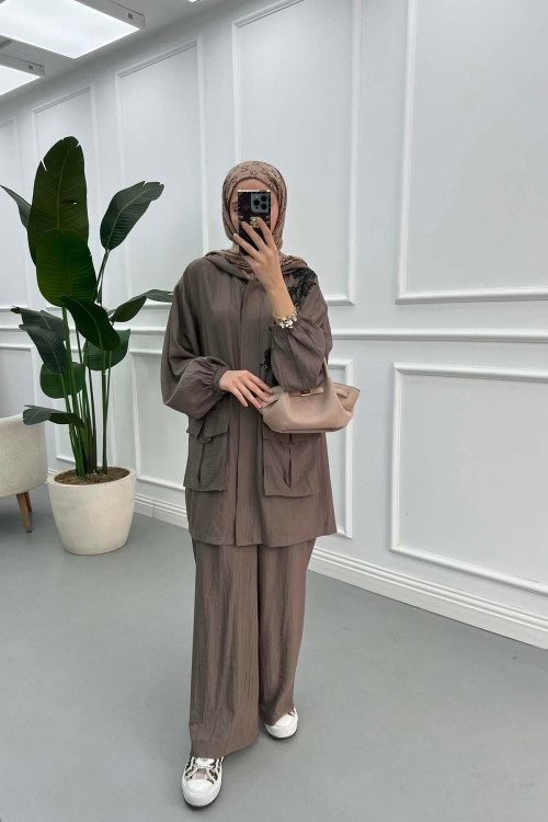 Sare Fashion Lace Detailed Suit Mink