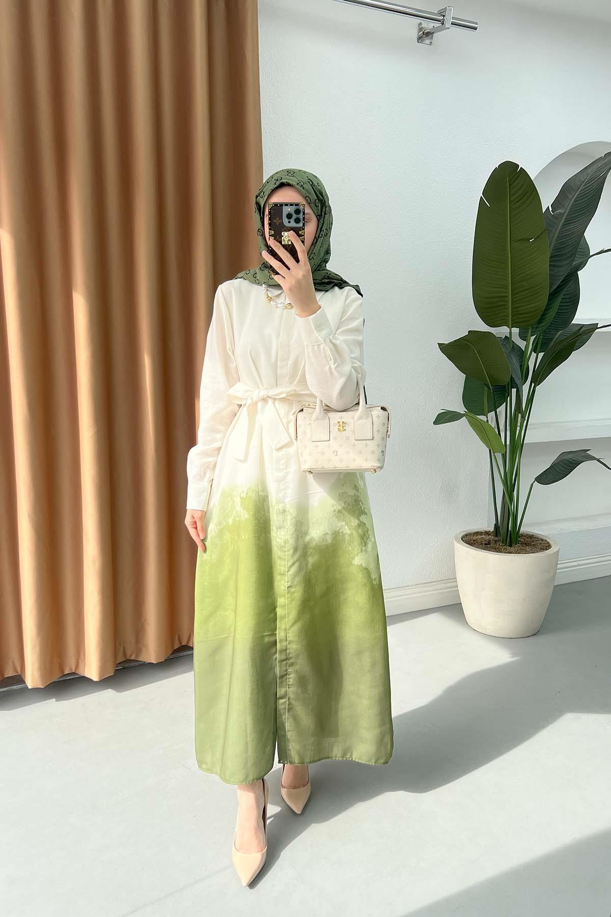 Sare Fashion Gradient Patterned Tie Dress Pistachio Green