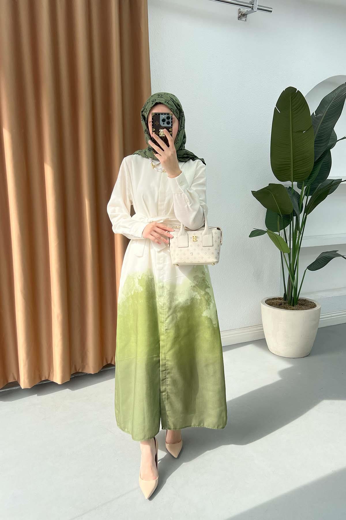 Sare Fashion Gradient Patterned Tie Dress Pistachio Green