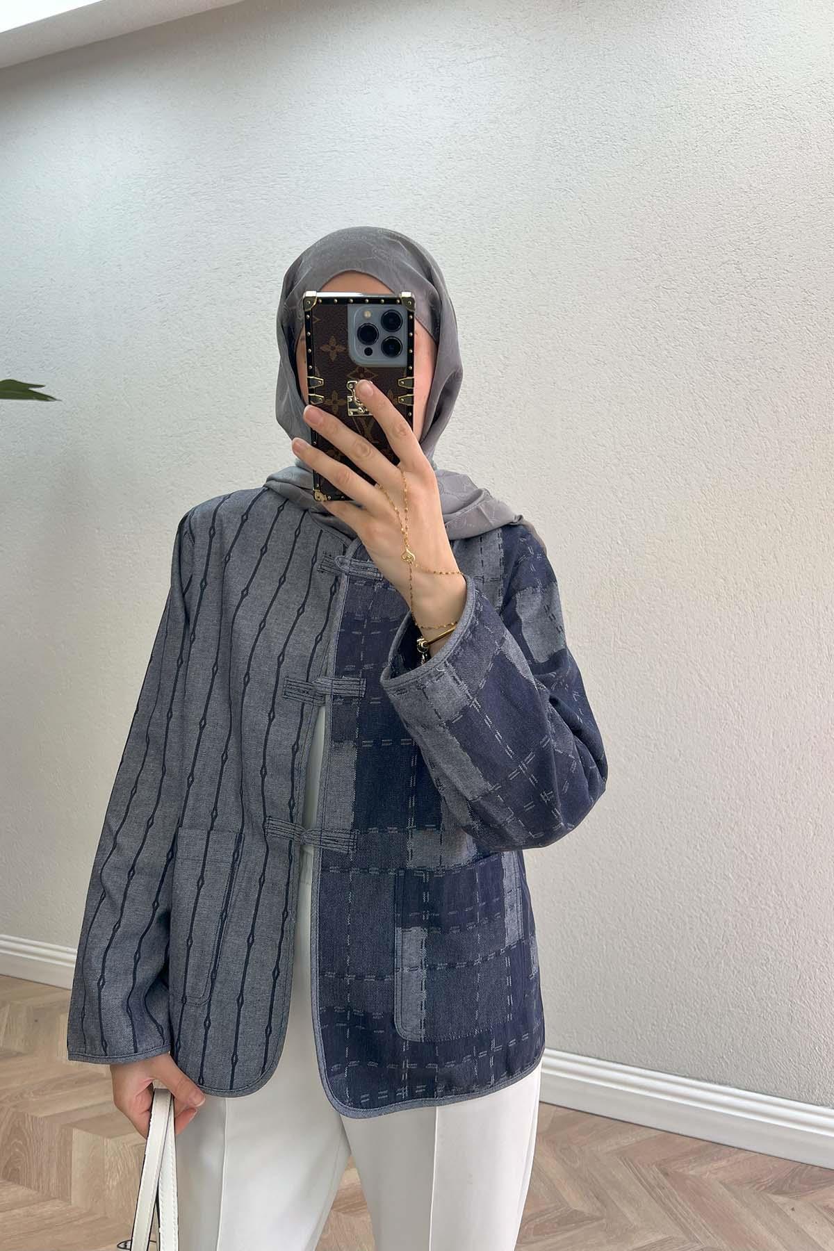 Sare Fashion Denim Textured Jacket Navy Blue