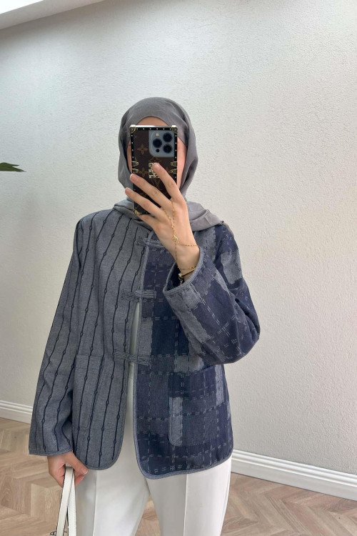 Sare Fashion Denim Textured Jacket Navy Blue