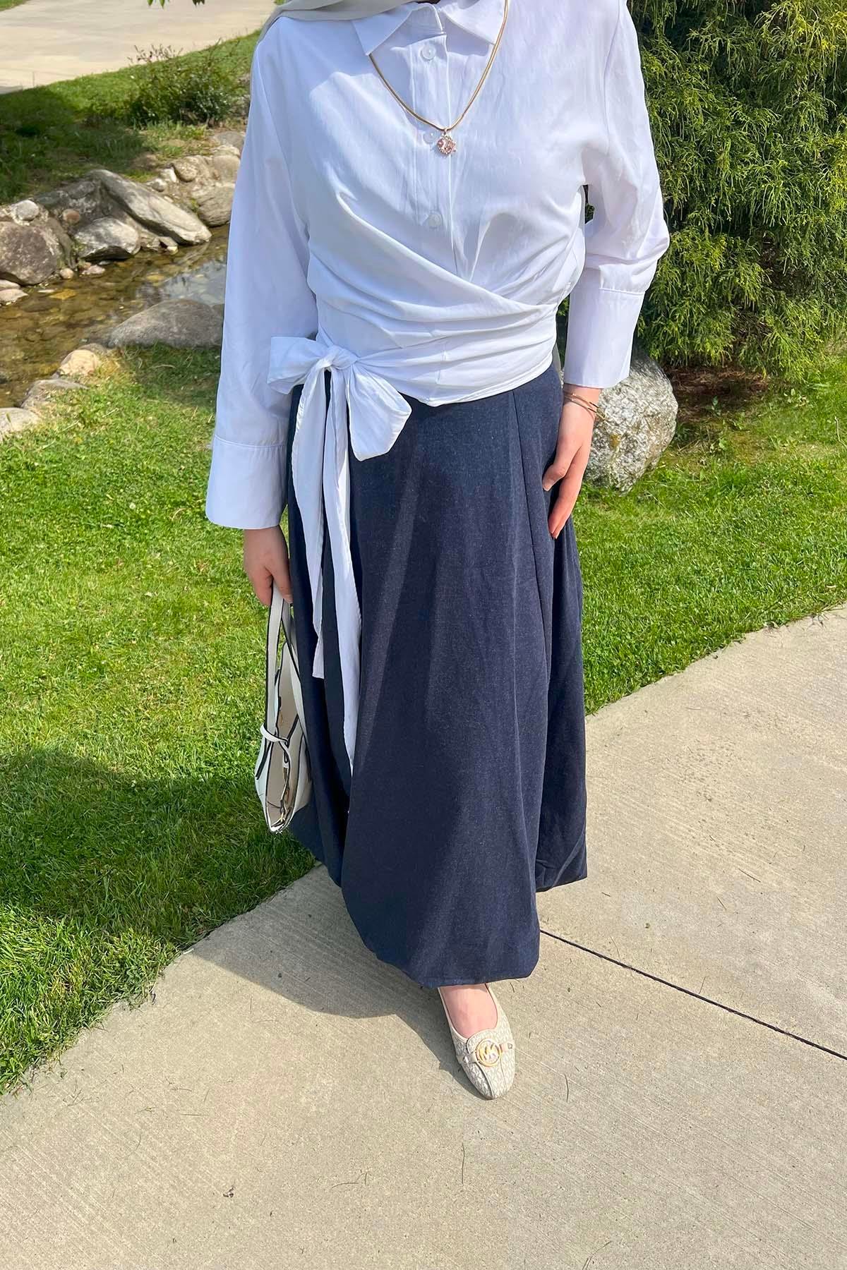 Sare Fashion Denim Textured Princess Viral Skirt Navy Blue