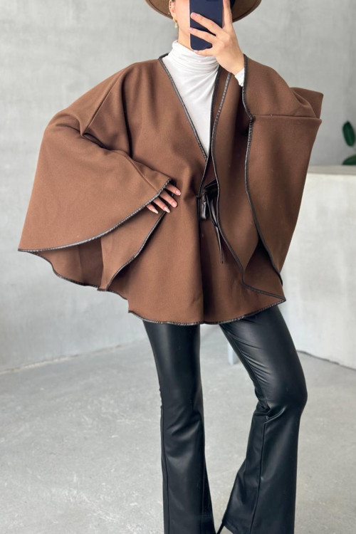 Leather Piping Tied Poncho Bitter Brown
