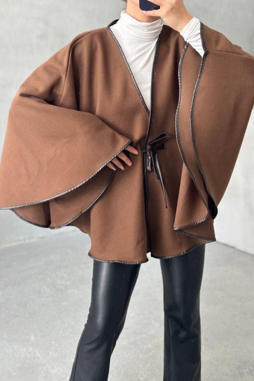 Leather Piping Tied Poncho Bitter Brown