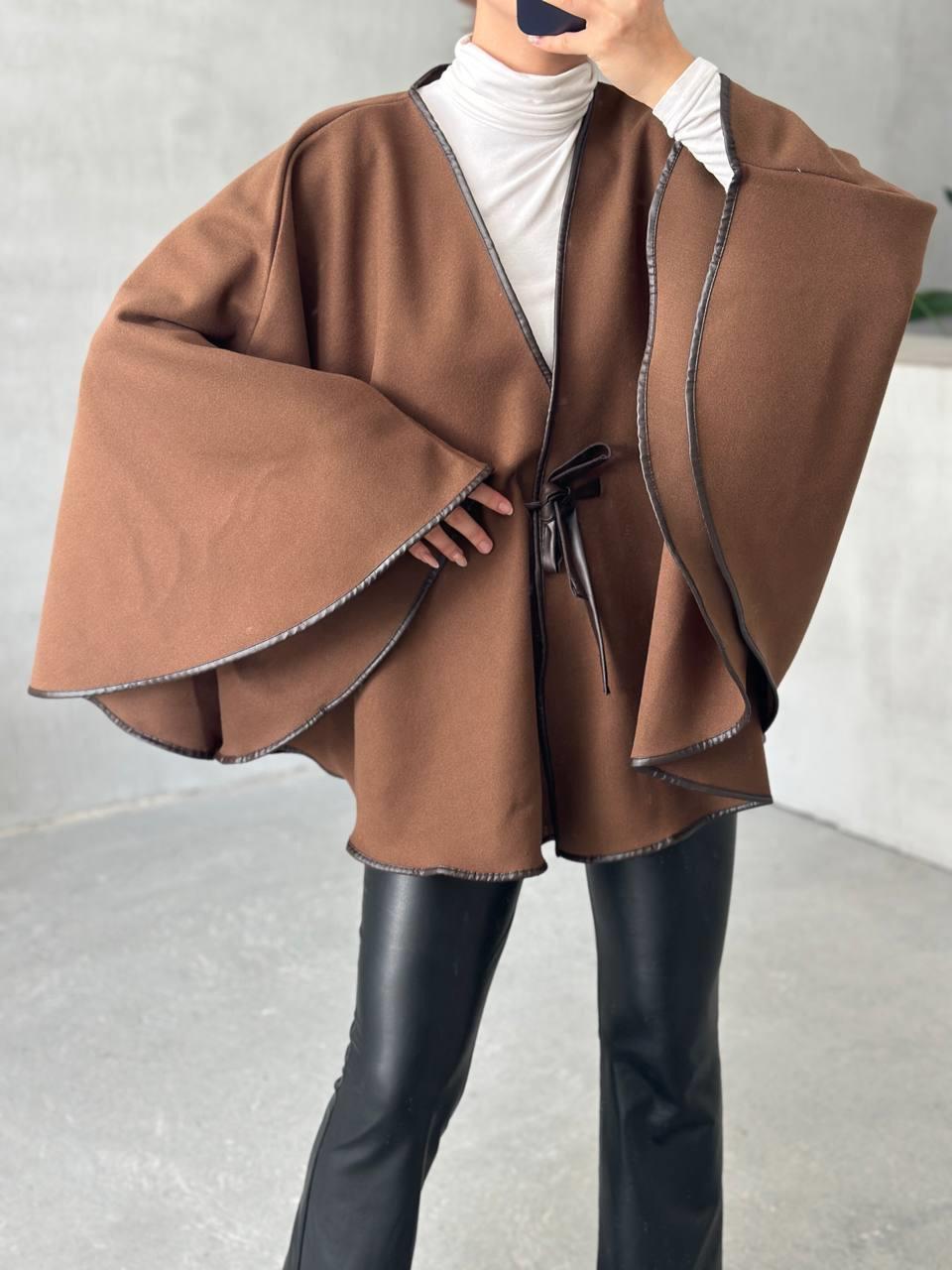 Leather Piping Tied Poncho Bitter Brown