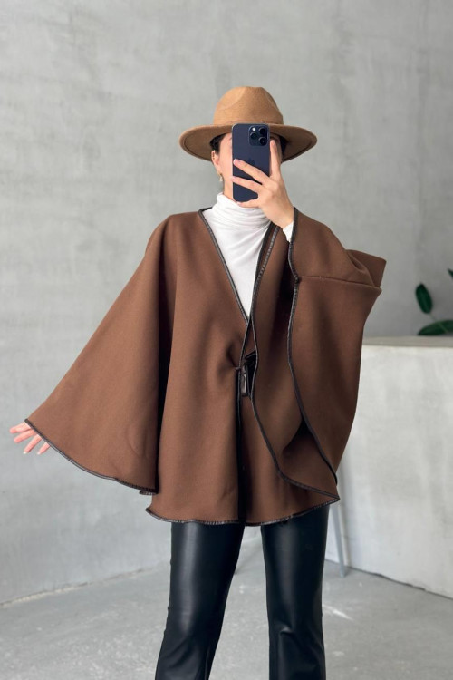 Leather Piping Tied Poncho Bitter Brown
