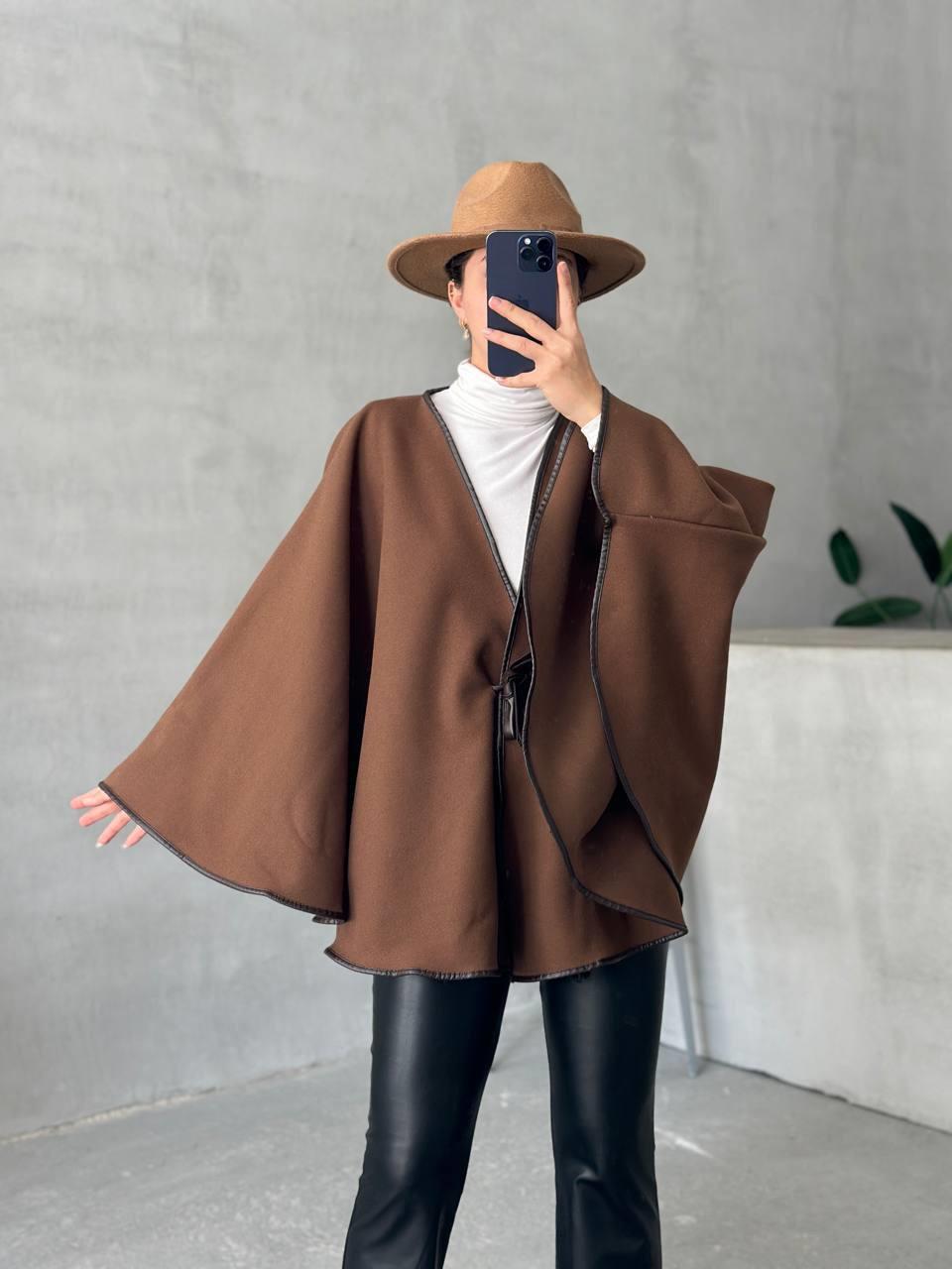 Leather Piping Tied Poncho Bitter Brown