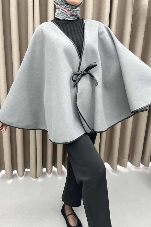 Leather Tied Poncho Gray