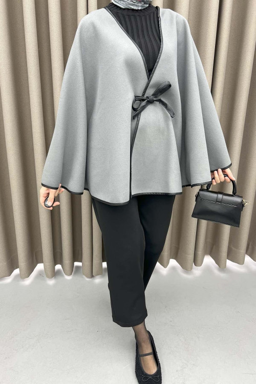 Leather Tied Poncho Gray