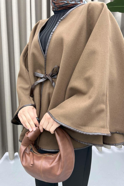 Leather Piping Tied Poncho Brown