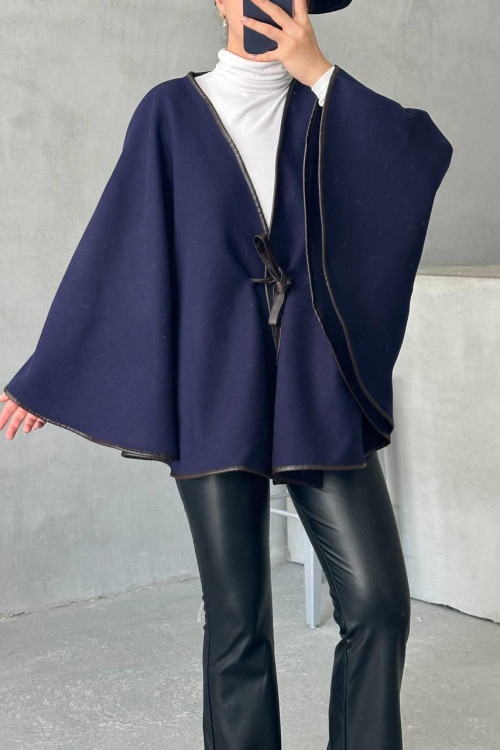 Leather Piping Tied Poncho Navy Blue