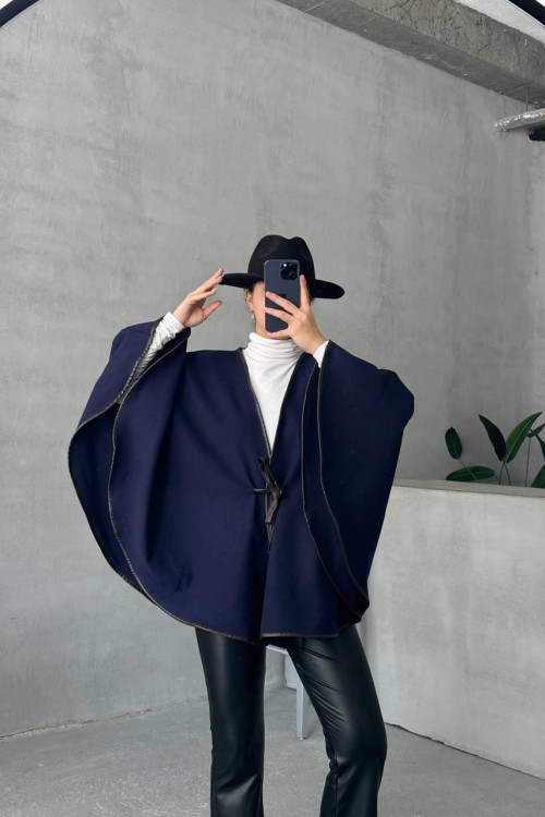 Leather Piping Tied Poncho Navy Blue