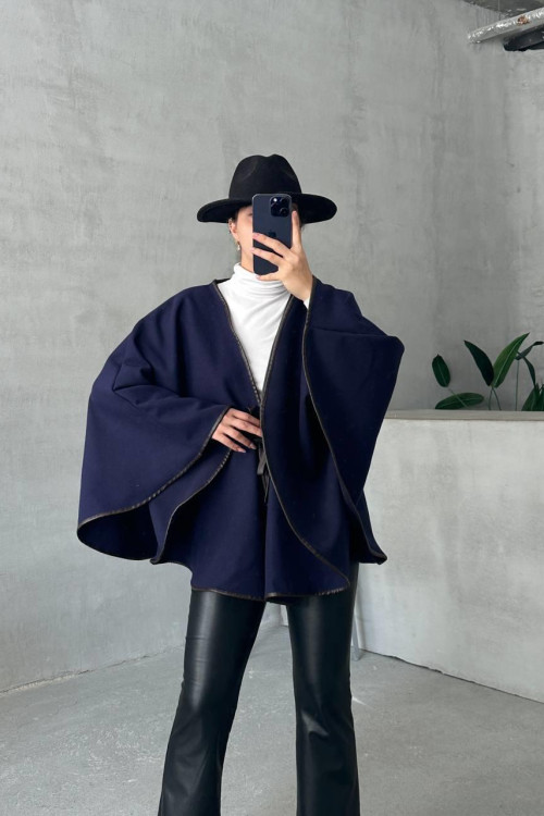 Leather Piping Tied Poncho Navy Blue