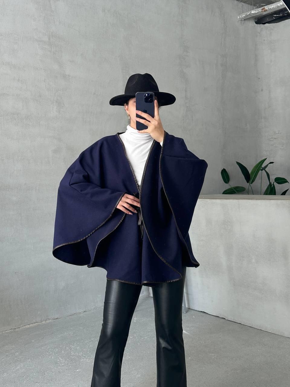 Leather Piping Tied Poncho Navy Blue