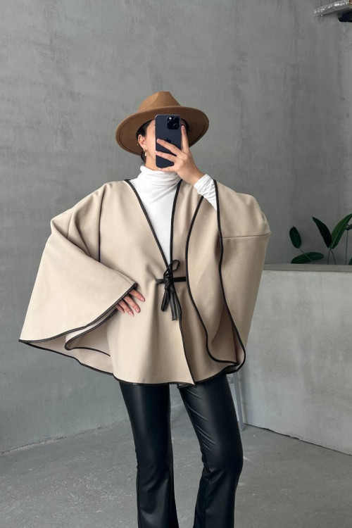 Leather Piping Tied Poncho Stone