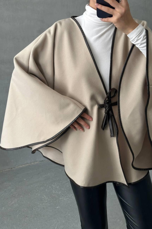 Leather Piping Tied Poncho Stone