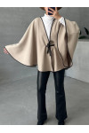 Leather Piping Tied Poncho Stone