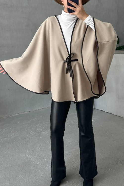 Leather Piping Tied Poncho Stone