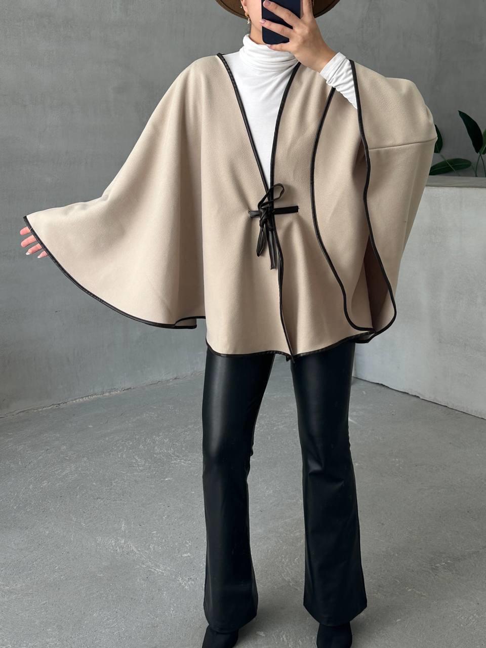 Leather Piping Tied Poncho Stone