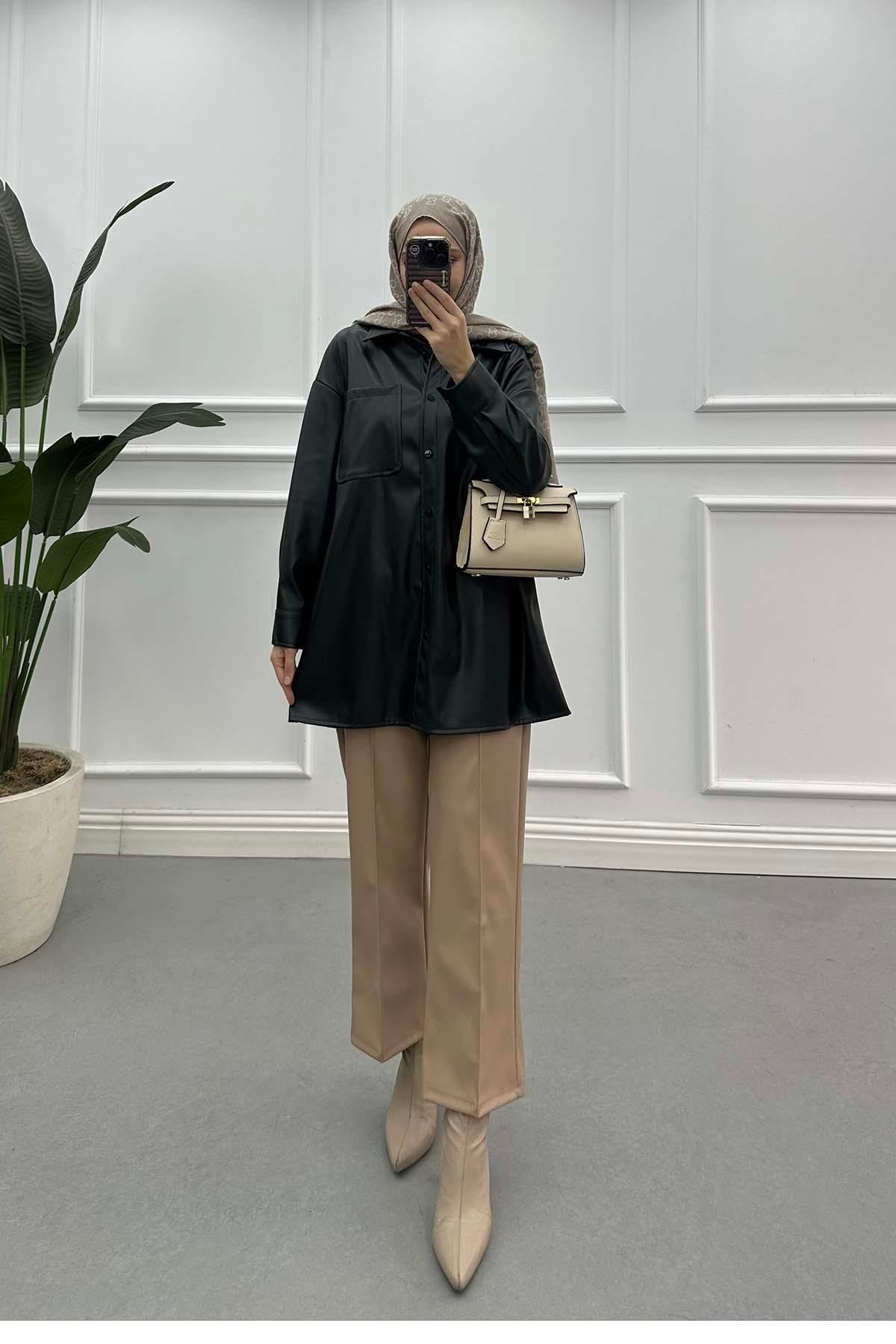 Sare Fashion Leather Shirt Black